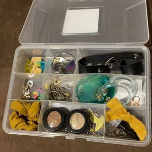 Random jewelry and some makeup and organizing box